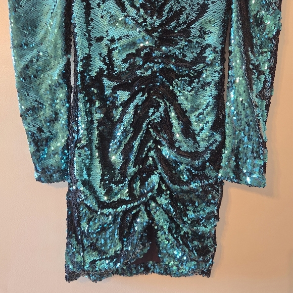 Zara Green Sequin Puff Sleeve Draped Bodycon Mini Long Sleeve Ruched Size XS - Picture 11 of 16